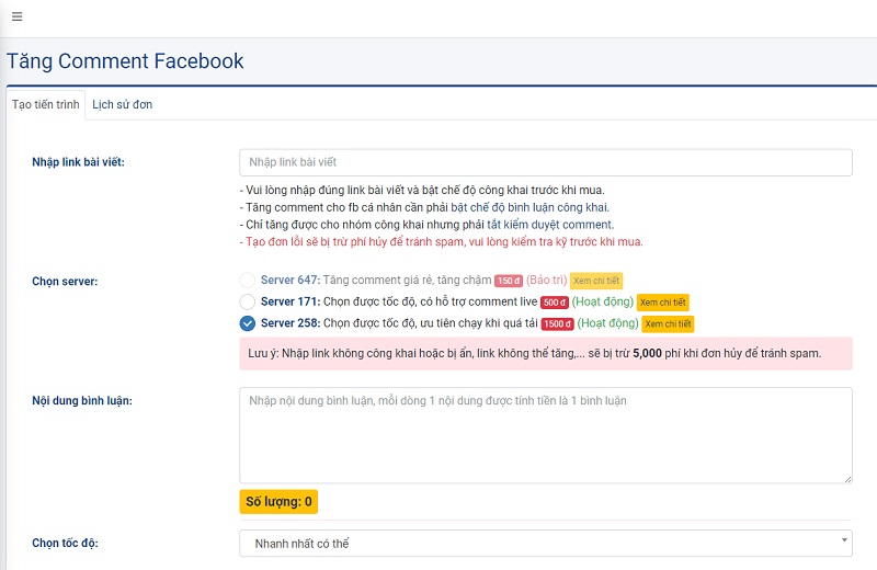 Hướng dẫn tạo đơn tăng comment Facebook tại hacklikefb