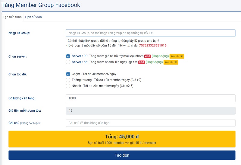 Hướng dẫn tạo đơn hàng tăng thành viên nhóm Facebook tại hacklikefb