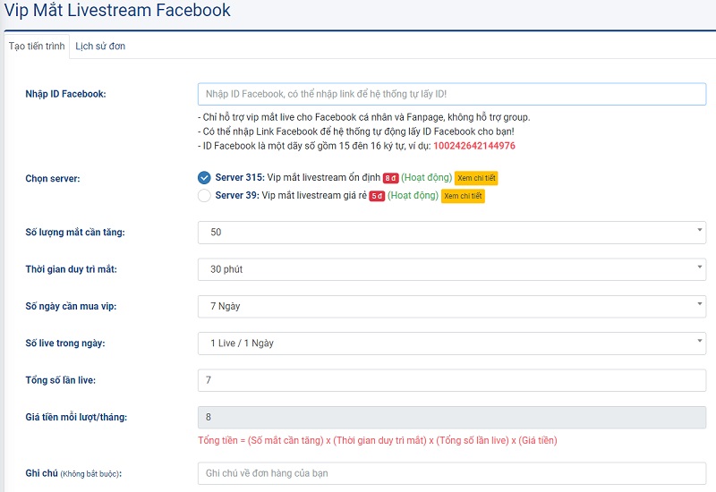 Hướng dẫn tạo đơn vip mắt livestream Facebook tại hacklikefb