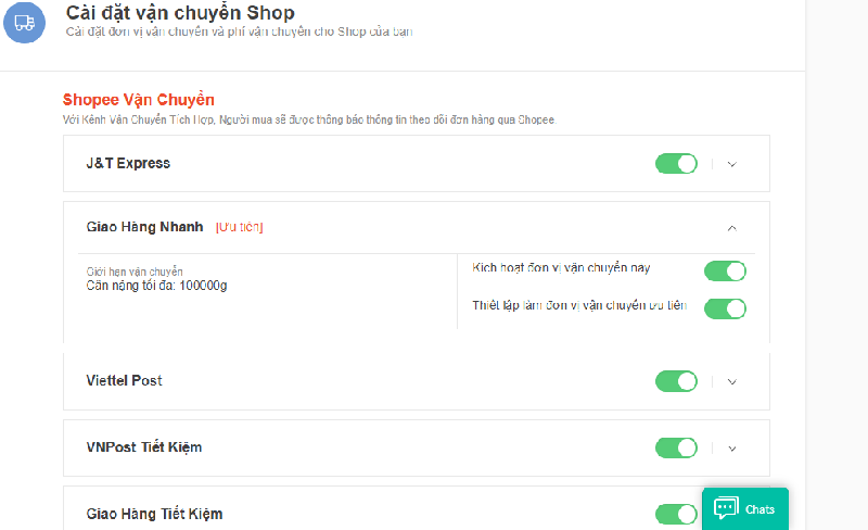 Thiết lập đơn vị vận chuyển