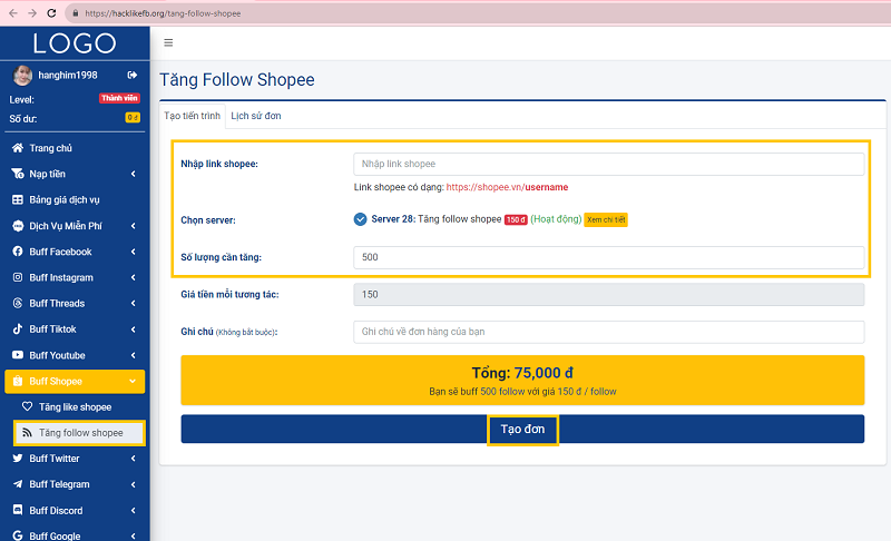 Tạo đơn mua follow shopee
